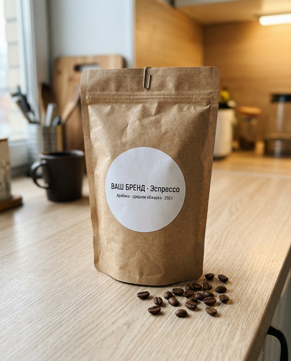Крафт-пакет кофе «ВАШ БРЕНД» — фото с кухонной столешницы
