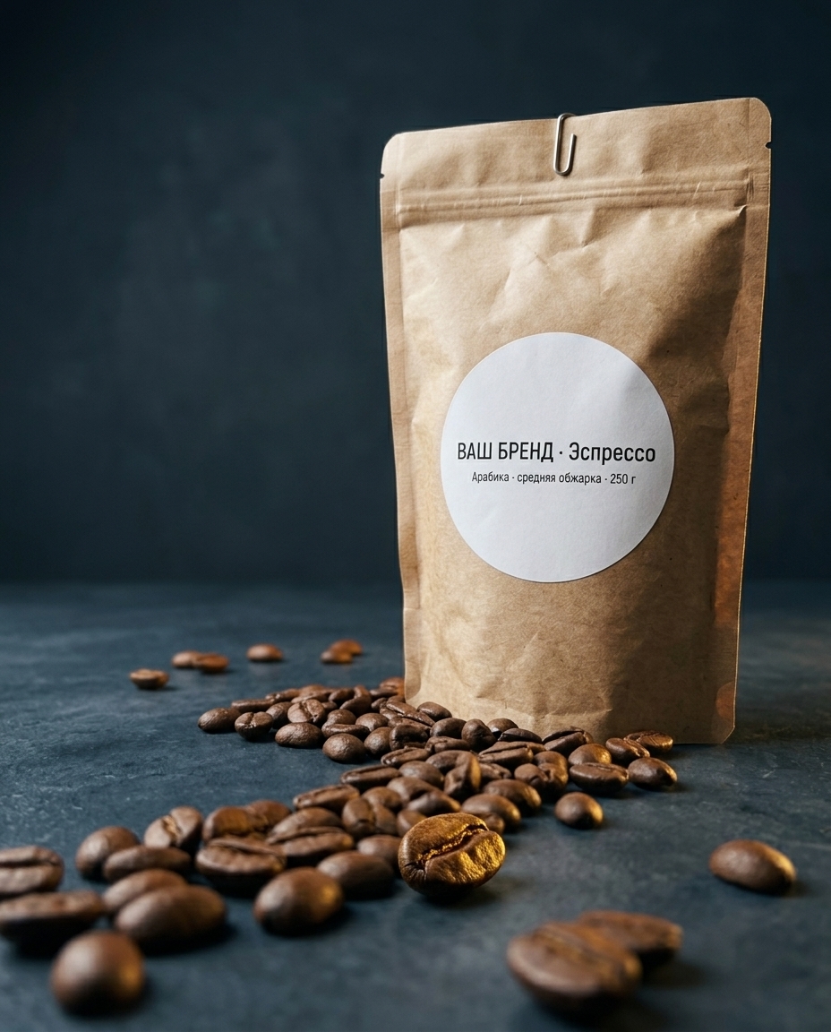 Editorial макро — пакет на сланцевой поверхности с рассыпанными зёрнами