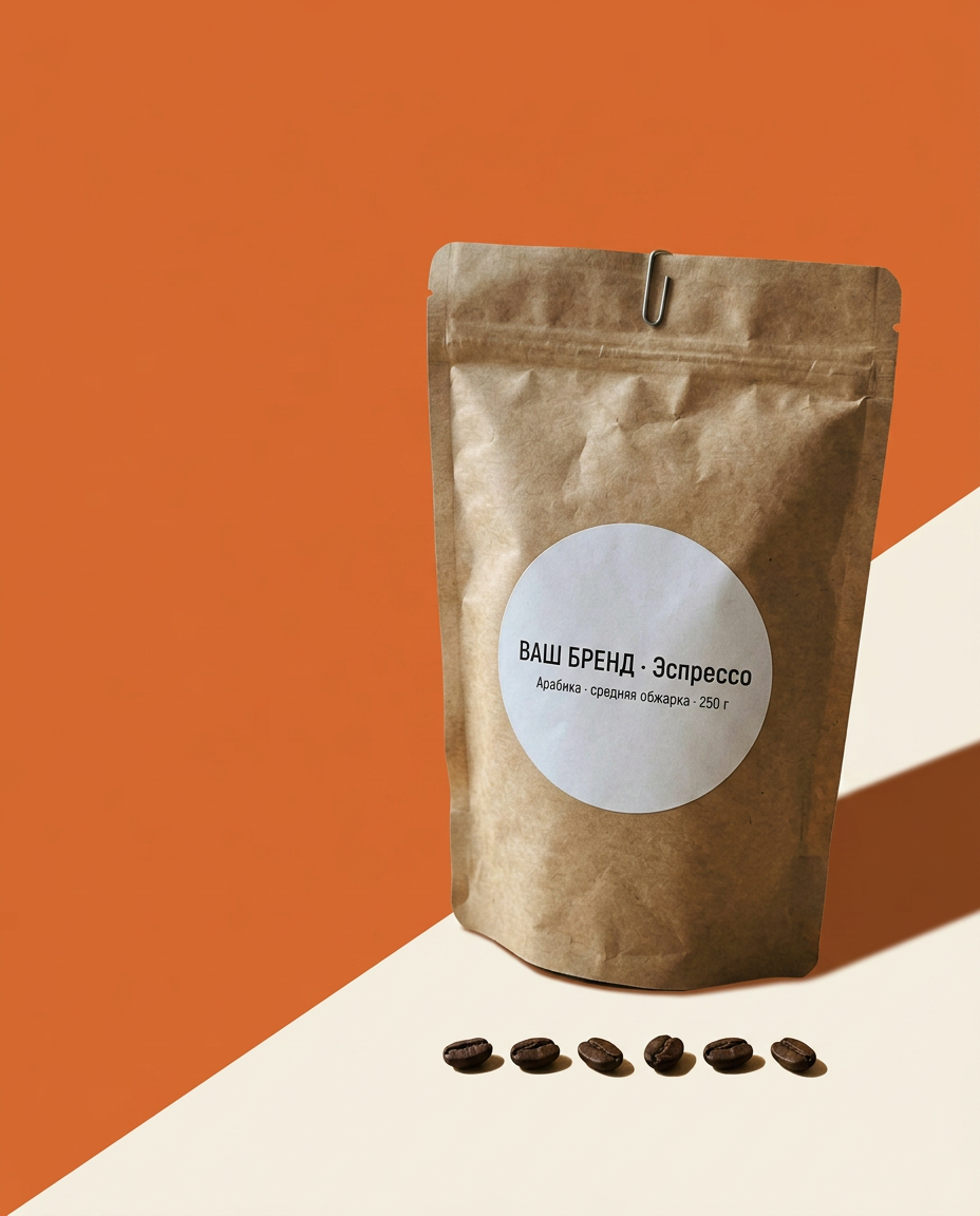 Промо color-block — пакет на оранжево-кремовом фоне для рекламных баннеров